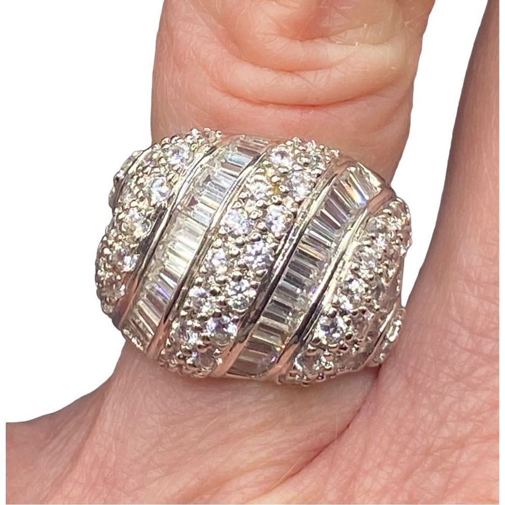 Sterling silver 925 baguette and alternating round CZ rows wave ring size 5